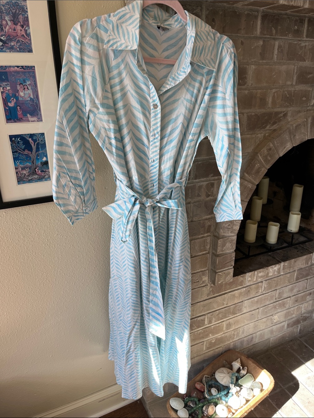 Blank NYC Light Blue & White Striped Maxi Shirt Dress with Tie Waist